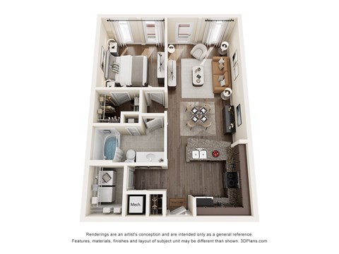 Floor plan for 1 bed, 1 bath, 736 sqft